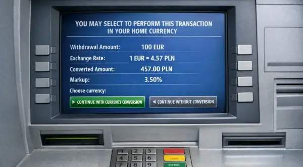 Bankomat pokazuje, że waluta w Niemczech to euro (EUR). Transakcja na 100 EUR zostanie przeliczona na 457 PLN.